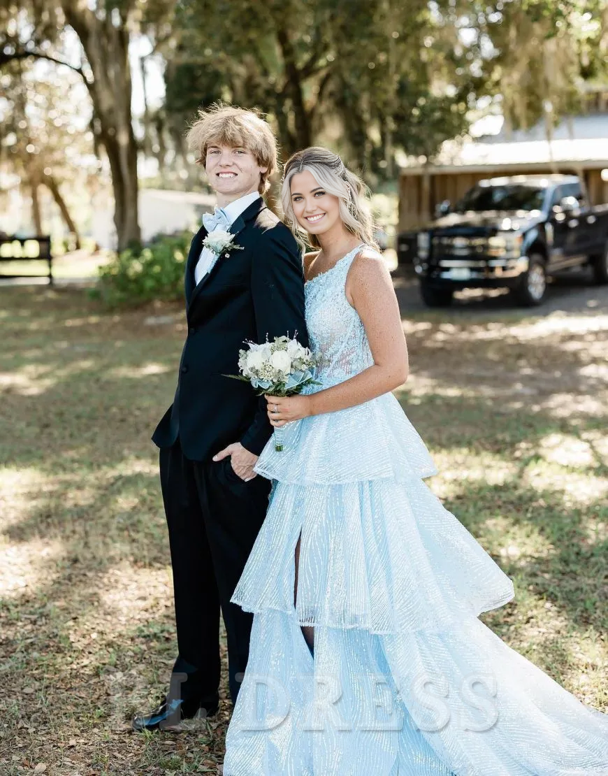 A-Line One Shoulder Layered formal dresses evening gown Prom Dress With Split