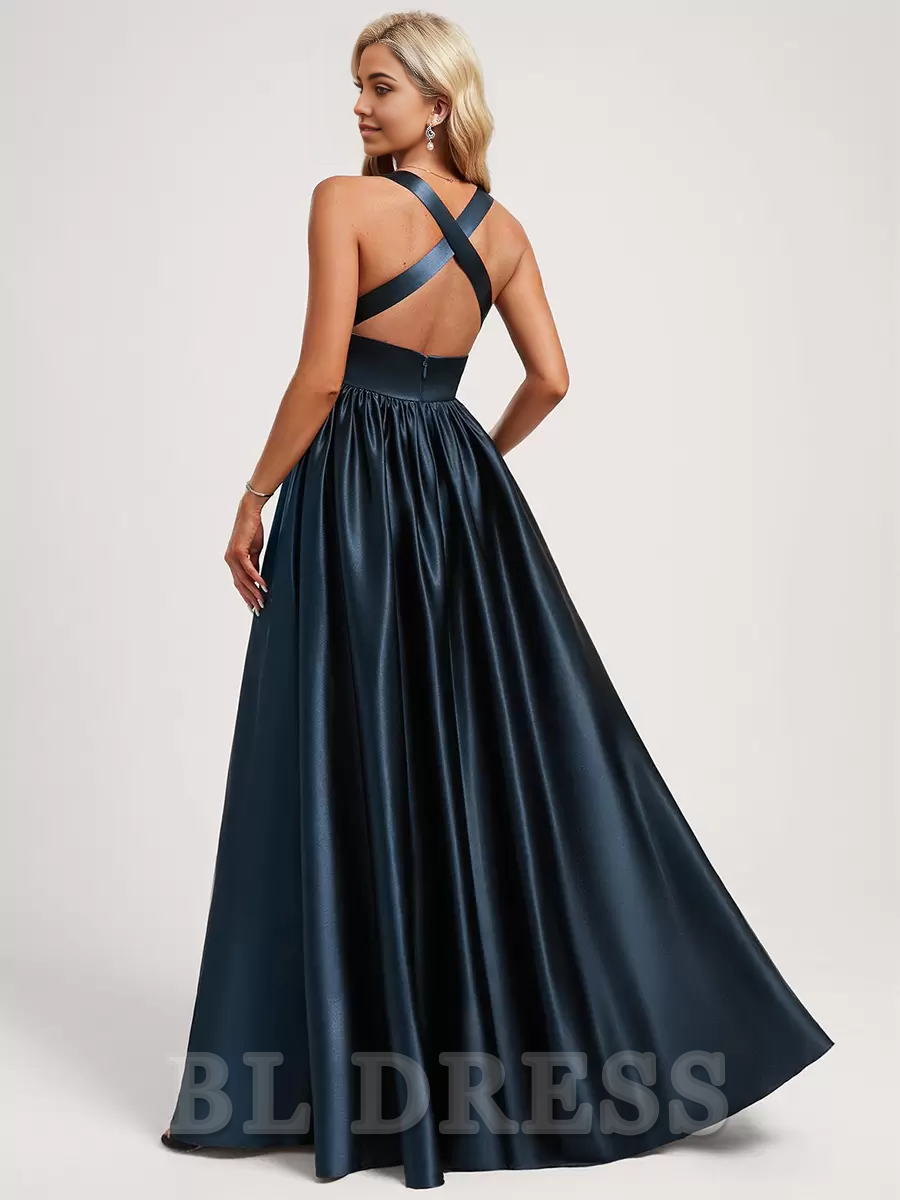 A-line Deep V Floor-Length Zipper Satin formal dresses evening gown Prom Dress