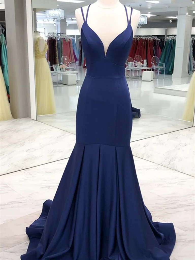 Mermaid V Neck Satin Long Prom Dresses