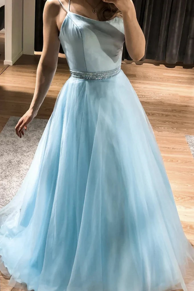 A Line Tulle Satin Long Prom Dresses