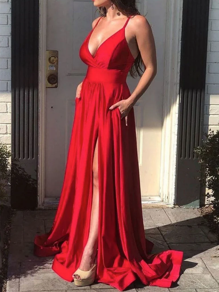 Simple V Neck Satin Long Prom Dresses With Slit