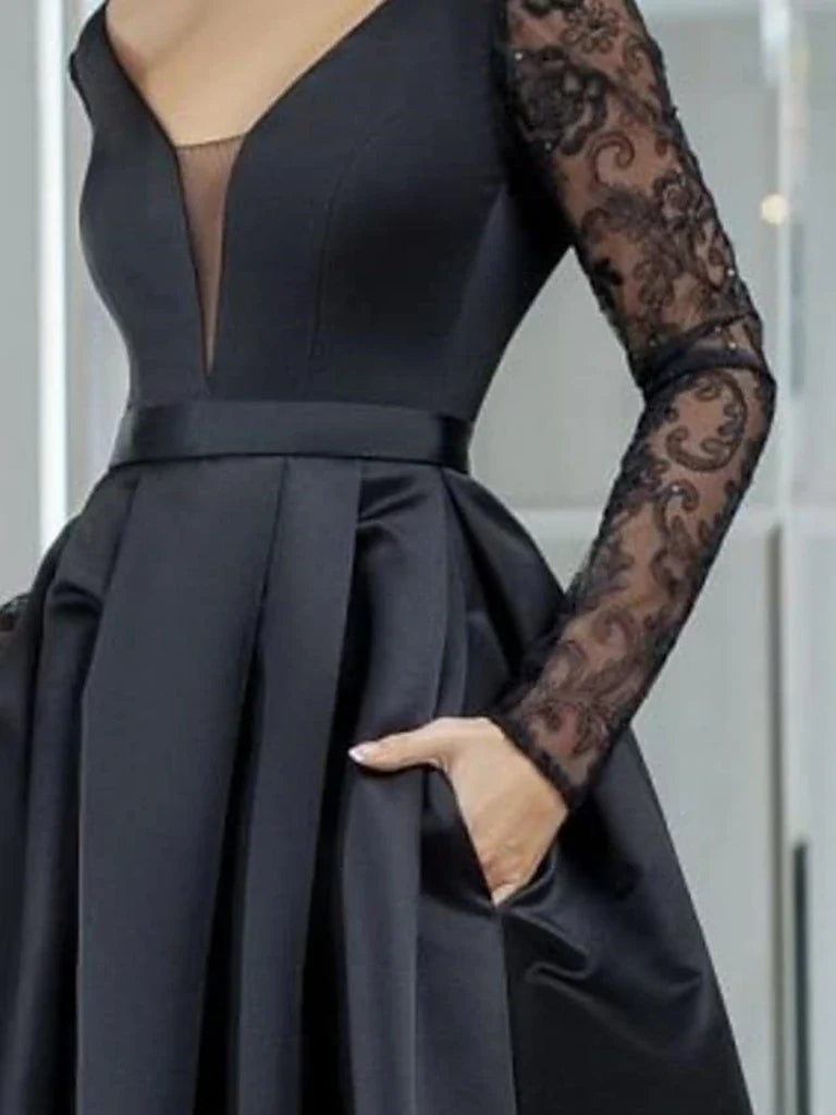 V Neck Long Sleeves Lace Long Prom Dresses