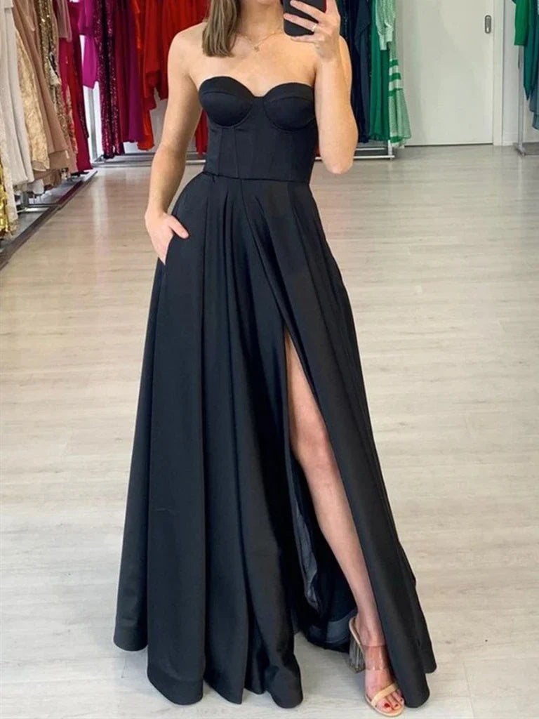 Sweetheart Neck Strapless Satin Long Prom Dresses