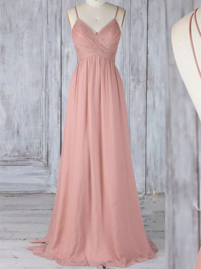 A Line V Neck Chiffon Lace Backless Long Prom Dresses Formal Evening Dresses