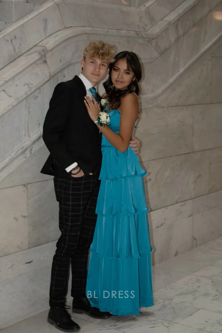 A Line Spaghetti Straps Ruffle Blue Long formal dresses Bridesmaid Dresses evening gown Prom Dress