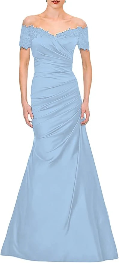 Mermaid Elegant Vintage Off-the-shoulder V-neck Satin Lace Ruffles Mother of the Bride Wedding Guest Dress