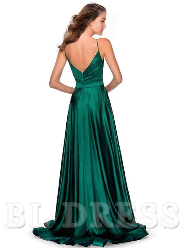 A-Line V-Neck Floor-Length Backless Satin formal dresses evening gown Prom Dress