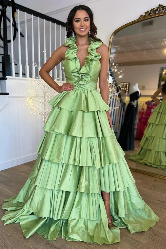 A-Line Halter Ruffle Green Long formal dresses evening gown Prom Dress with Slit