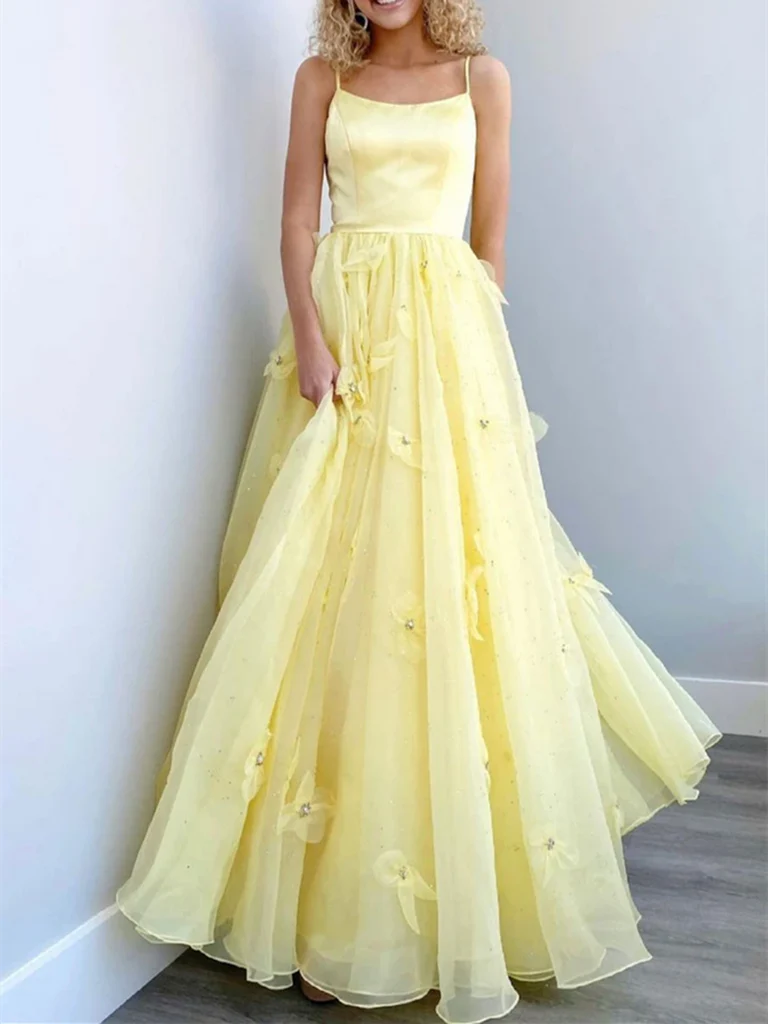 A Line Tulle Long Prom Dresses
