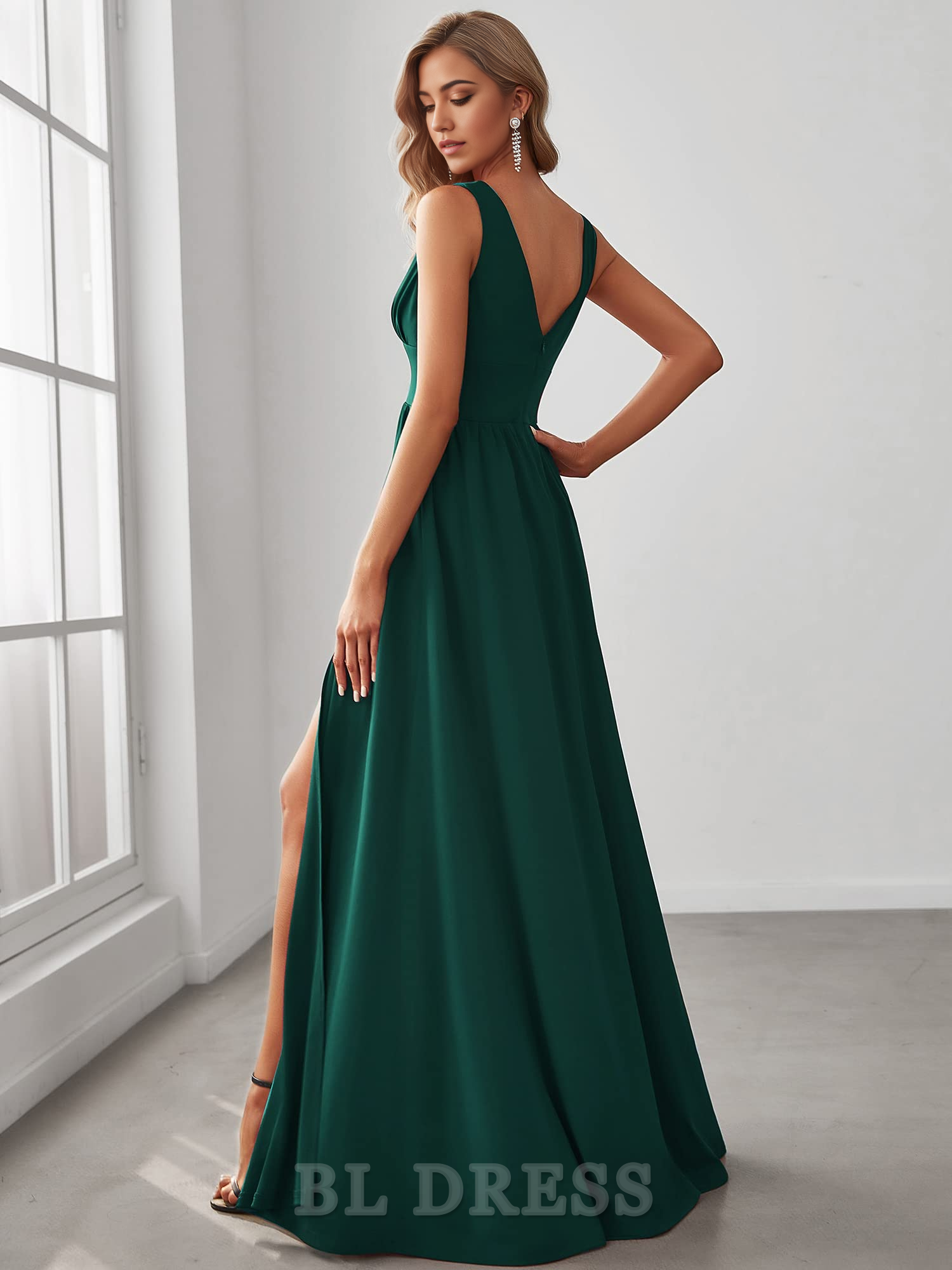 A-line Deep V-Neck Sleeveless Side Slit Floor Length formal dresses Wedding Guest Dress evening gown Bridesmaid Dresses