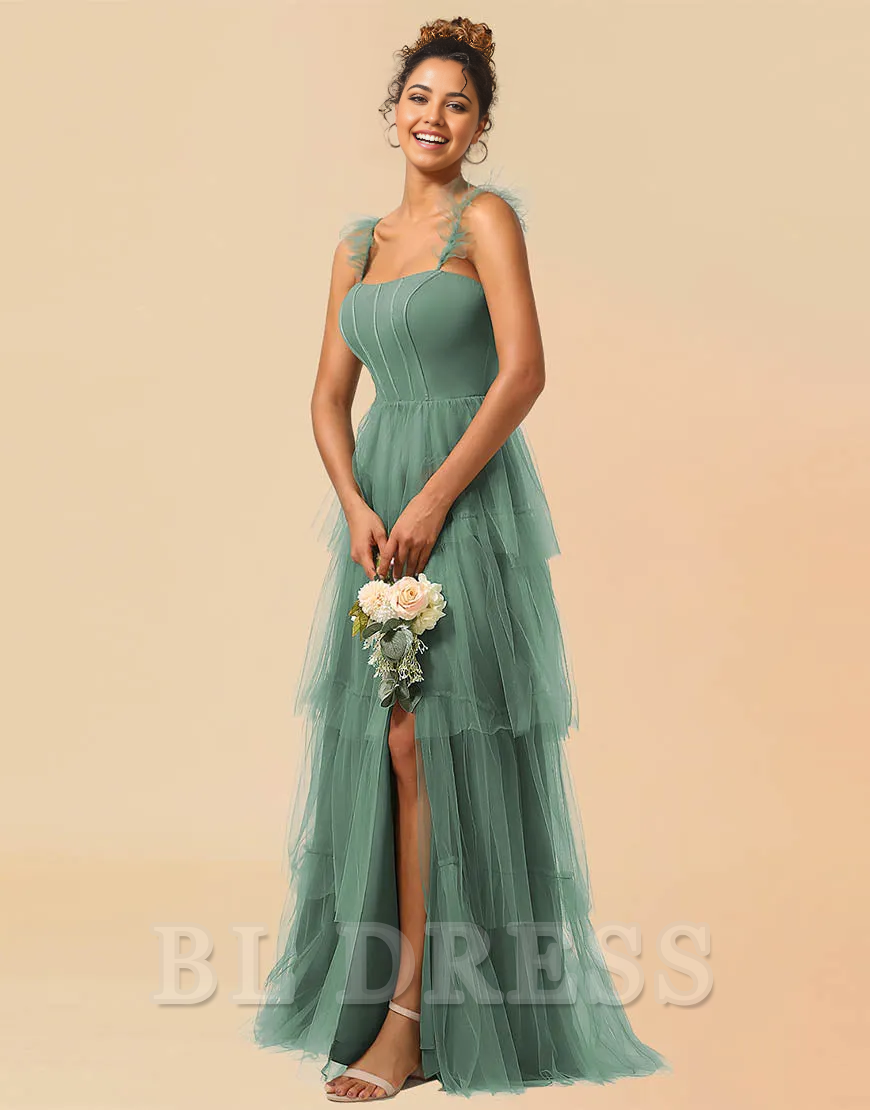 A-Line Detachable Straps Lace Up Tulle formal dresses Bridesmaid Dresses evening gown Prom Dress With Split