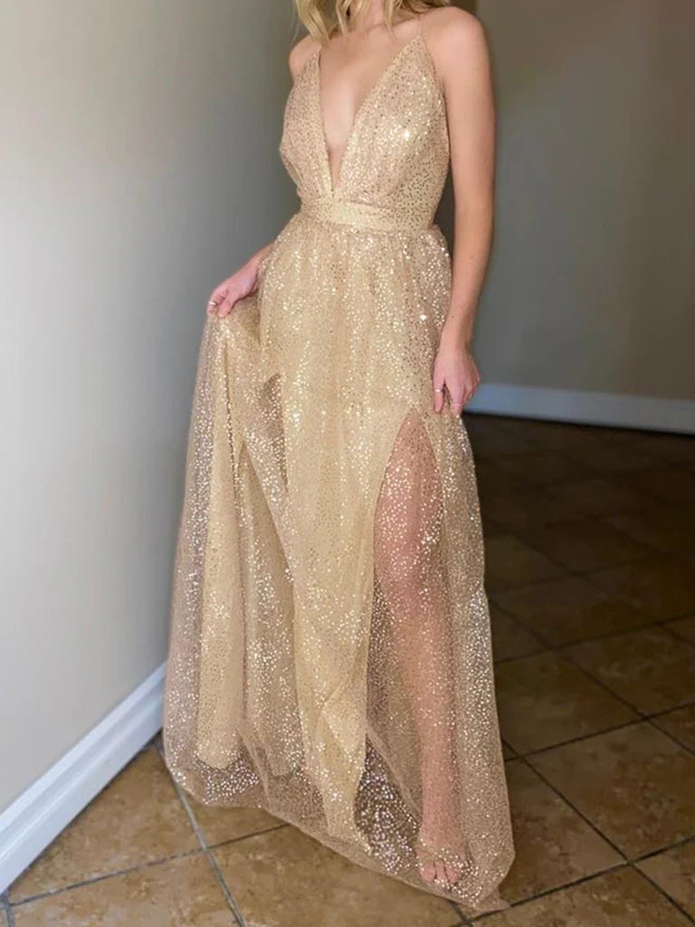 A Line V Neck  Lace Long Prom Dresses