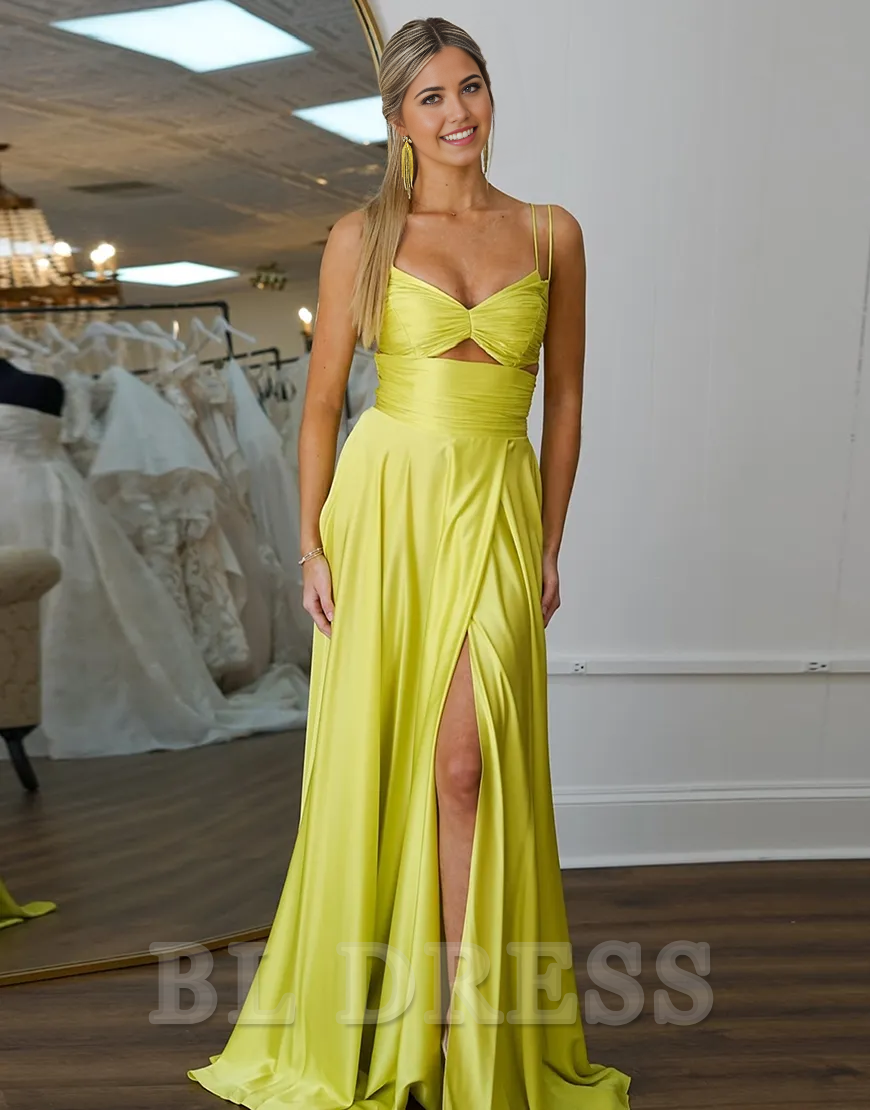 A-Line Double Spaghetti Straps Hollow Out Yellow Long formal dresses evening gown Prom Dress with Slit