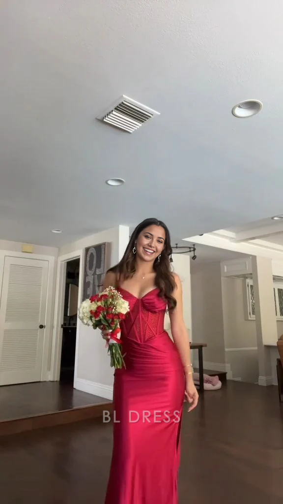 Mermaid Spaghetti Straps Red Satin Red formal dresses Bridesmaid Dresses evening gown Prom Dress