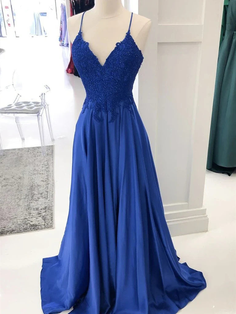 A Line V Neck Lace Prom Dresses