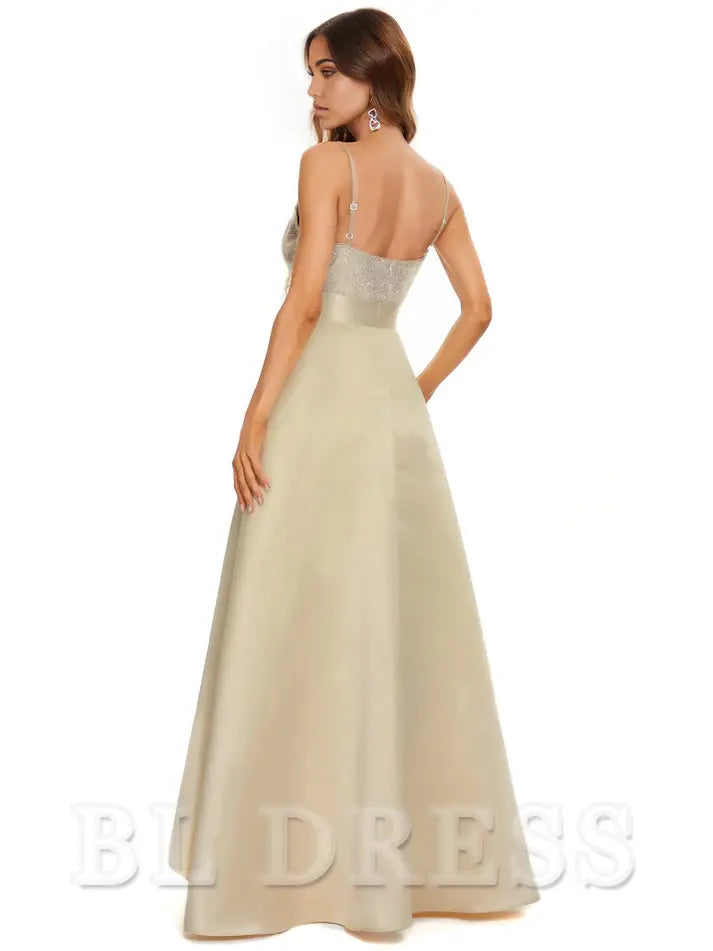 A-line V-Neck High-Low Satin formal dresses Bridesmaid Dresses evening gown Prom Dress