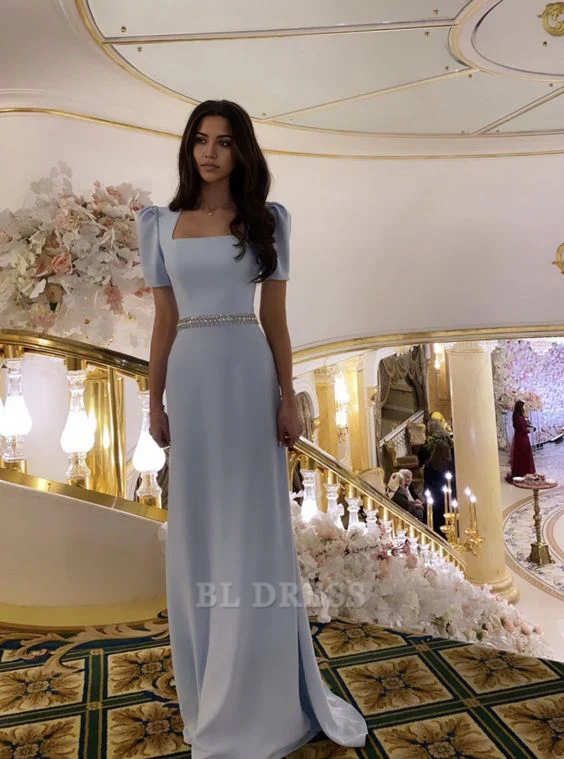A Line Square Neck Short Sleeve Blue formal dresses Bridesmaid Dresses evening gown Prom Dress Cocktail Dresses