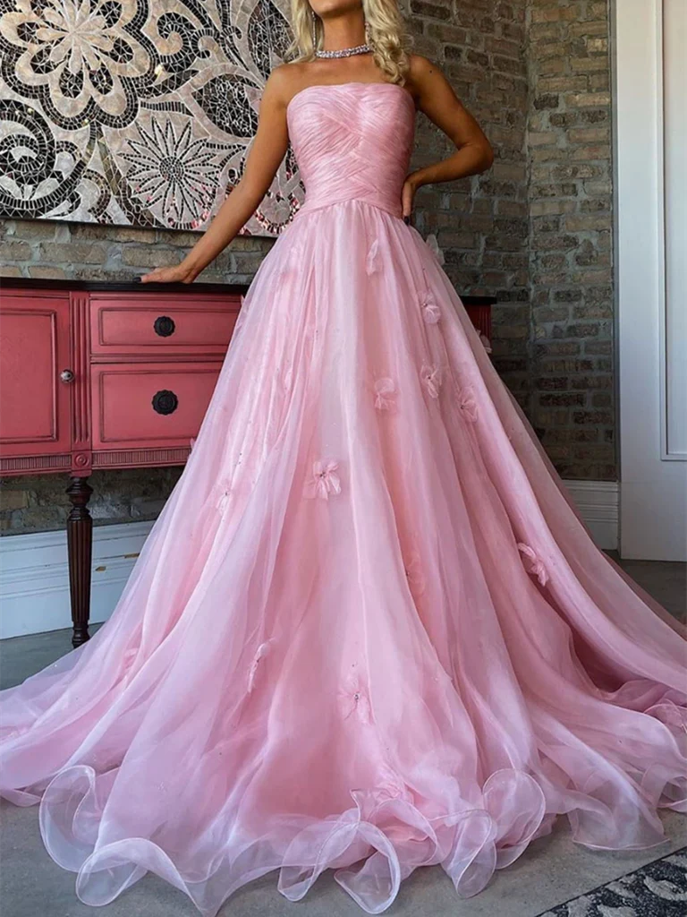 A Line Strapless Tulle Applique Long Prom Dresses Long Formal Evening Dresses