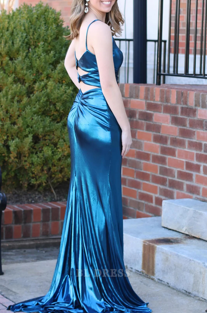 Mermaid Keyhole Back Dark Blue Long Satin formal dresses Bridesmaid Dresses evening gown Prom Dress With Slit