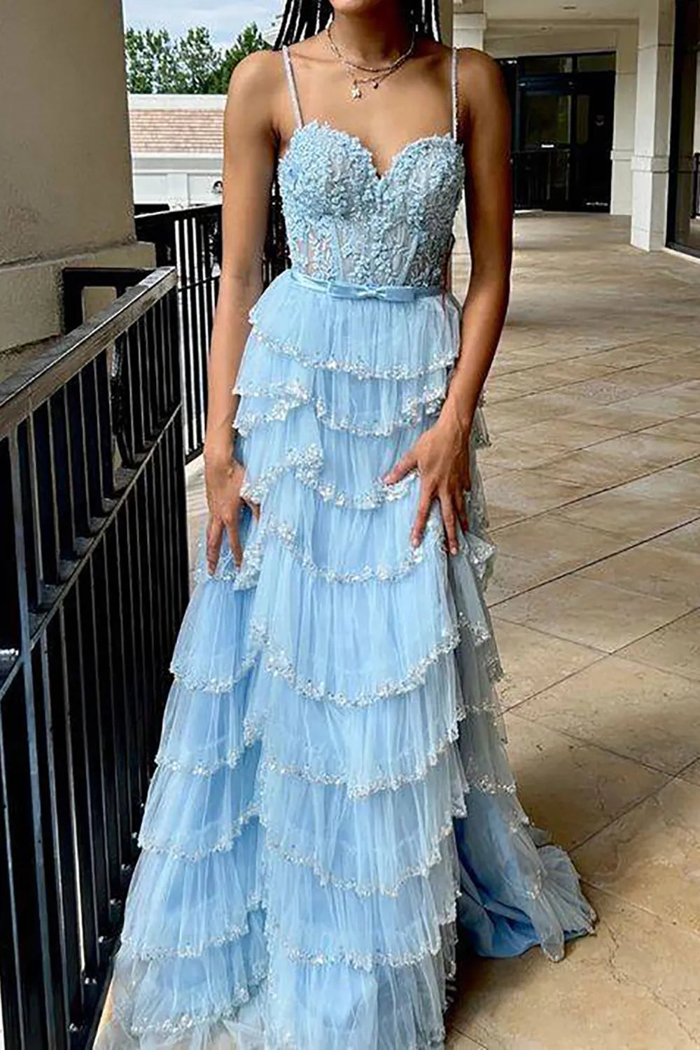 A Line Princess Spaghetti Straps Corset Prom Dress with Ruffles