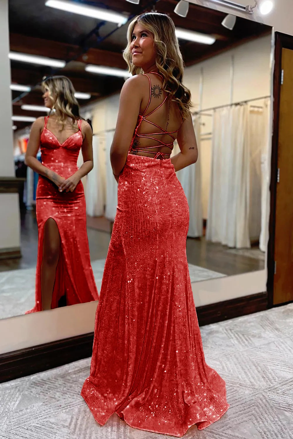 Mermaid Spaghetti Straps Sequins Long Prom Dress with Split Front