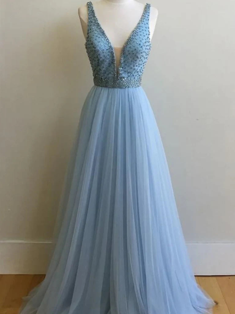 A-line Beautiful Deep V-neck Long Tulle Prom Dresses Beading Formal Evening Dresses