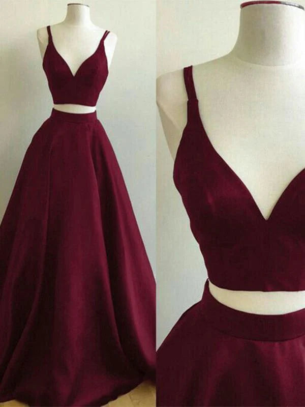 Two Pieces A-line V Neck Cross Back Prom Dress