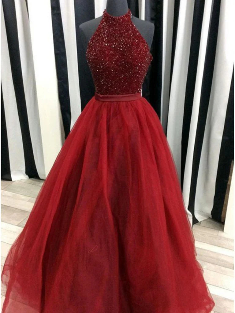 A-line Beaded Tulle Long Prom Dress Formal Evening Dress