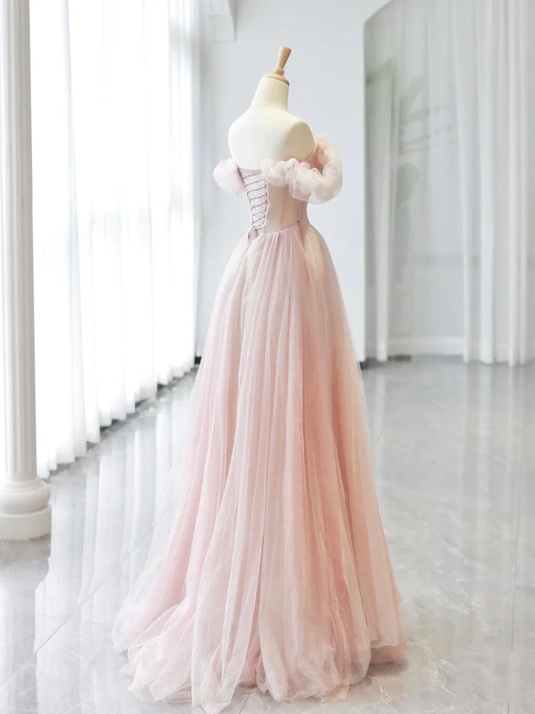 A-Line Sweetheart Neck Off Shoulder Tulle Long Prom Dress