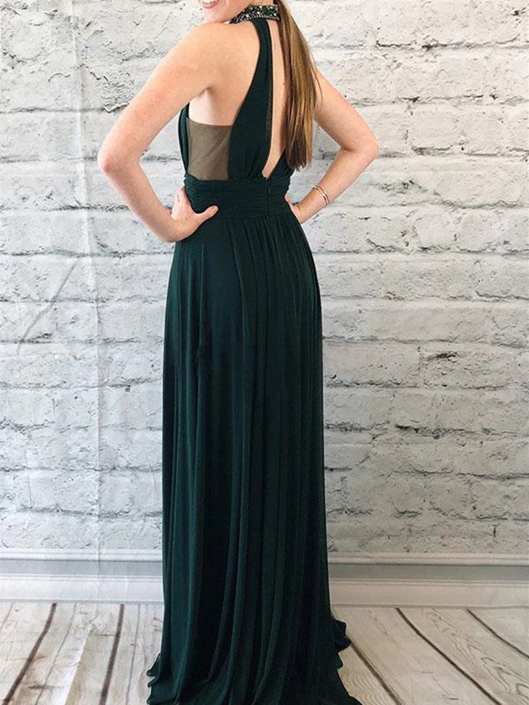 A-line Halter Open Back Chiffon Long Prom Dress With Beading Split Keyhole