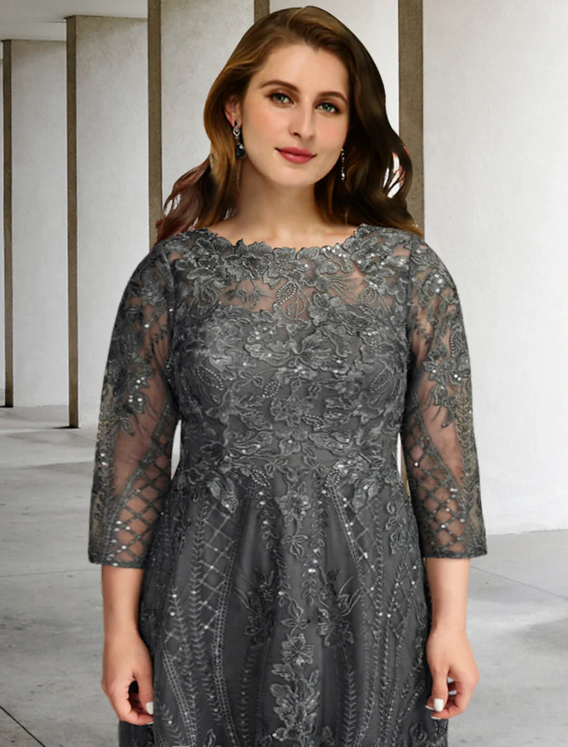 A-Line Mother of the Bride Dresses Plus Size Hide Belly Curve Elegant Dress Formal Sweep / Brush Train Long Sleeve Jewel Neck Chiffon with Applique