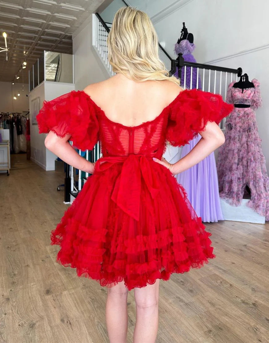 Chic Off The Shoulder A-Line Off the Shoulder Short Tulle Party Dress