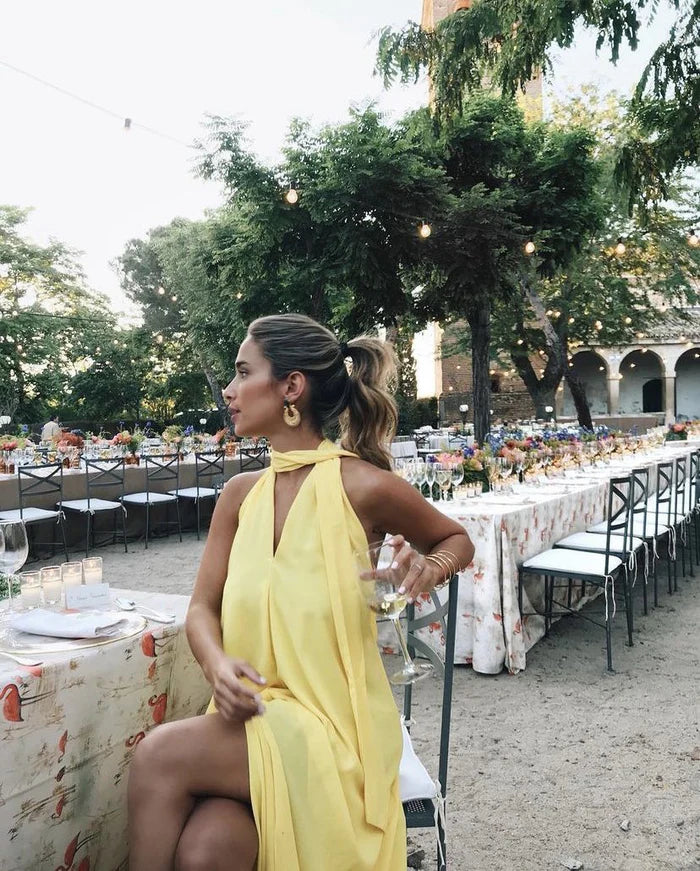 Elegant Backless Chiffon Yellow Long Prom Dresses Evening Gowns