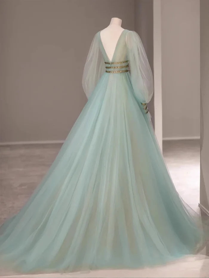 Elegant A line V Neckline Floor Length Tulle Mint Green Long Prom Dresses