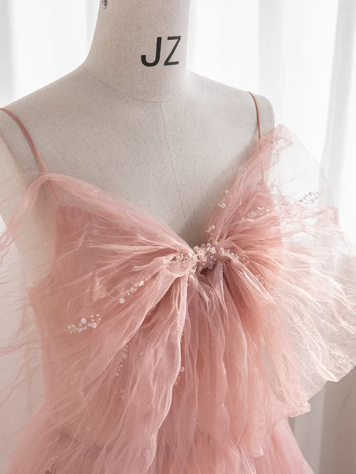 Elegant Sleeveless Spaghetti Straps  Pink Tulle Bowknot  Prom Dress Ball Gown