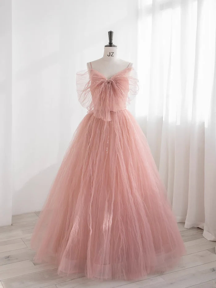Elegant Sleeveless Spaghetti Straps  Pink Tulle Bowknot  Prom Dress Ball Gown