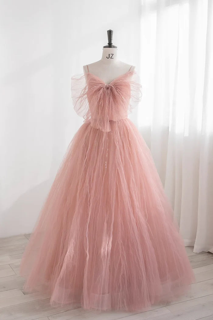 Elegant Sleeveless Spaghetti Straps  Pink Tulle Bowknot  Prom Dress Ball Gown