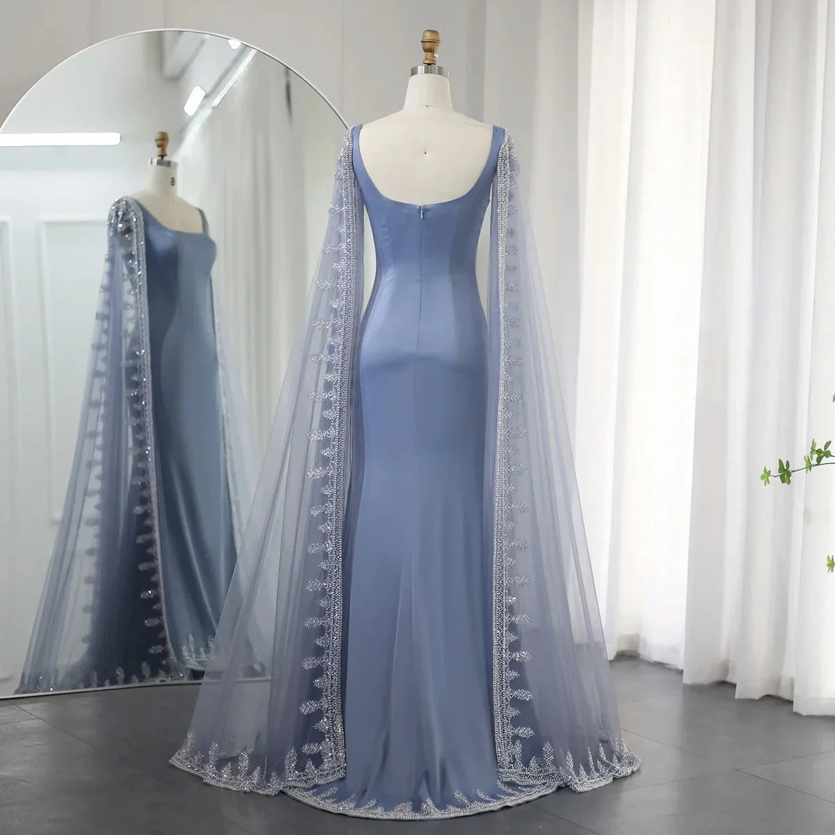 Luxury Crystal Blue Mermaid Square Backless Evening Dresses with Cape Sleeves
