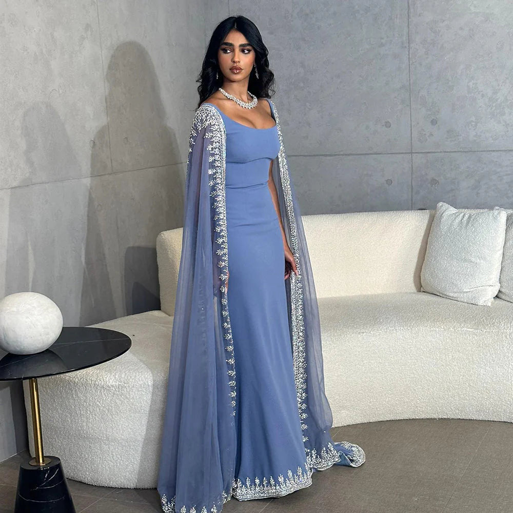 Luxury Crystal Blue Mermaid Square Backless Evening Dresses with Cape Sleeves