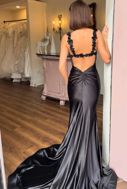 Mermaid Sweetherat Straps 3D Flower Backless Black Prom Dress with Side Slit and Train