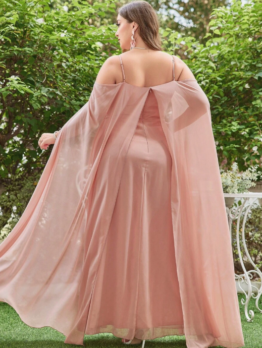 Elegant Plus Size  Spaghetti Straps Open Shoulder Ruche Front Flowing Sleeve Chiffon Prom Dresses