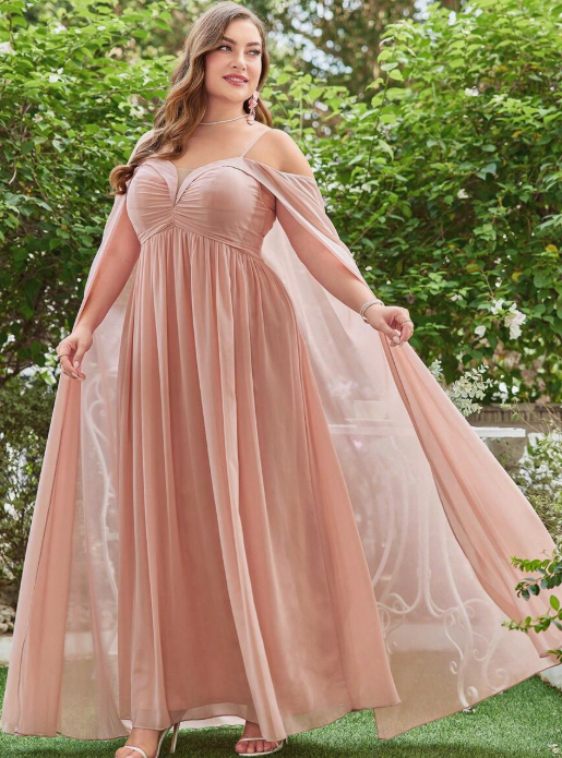 Elegant Plus Size  Spaghetti Straps Open Shoulder Ruche Front Flowing Sleeve Chiffon Prom Dresses