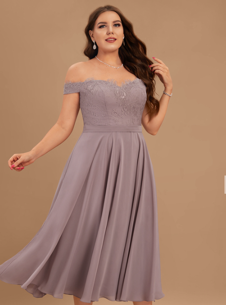 Elegant A-line Off the Shoulder Tea-Length Chiffon Lace Homecoming Dress With Beadin