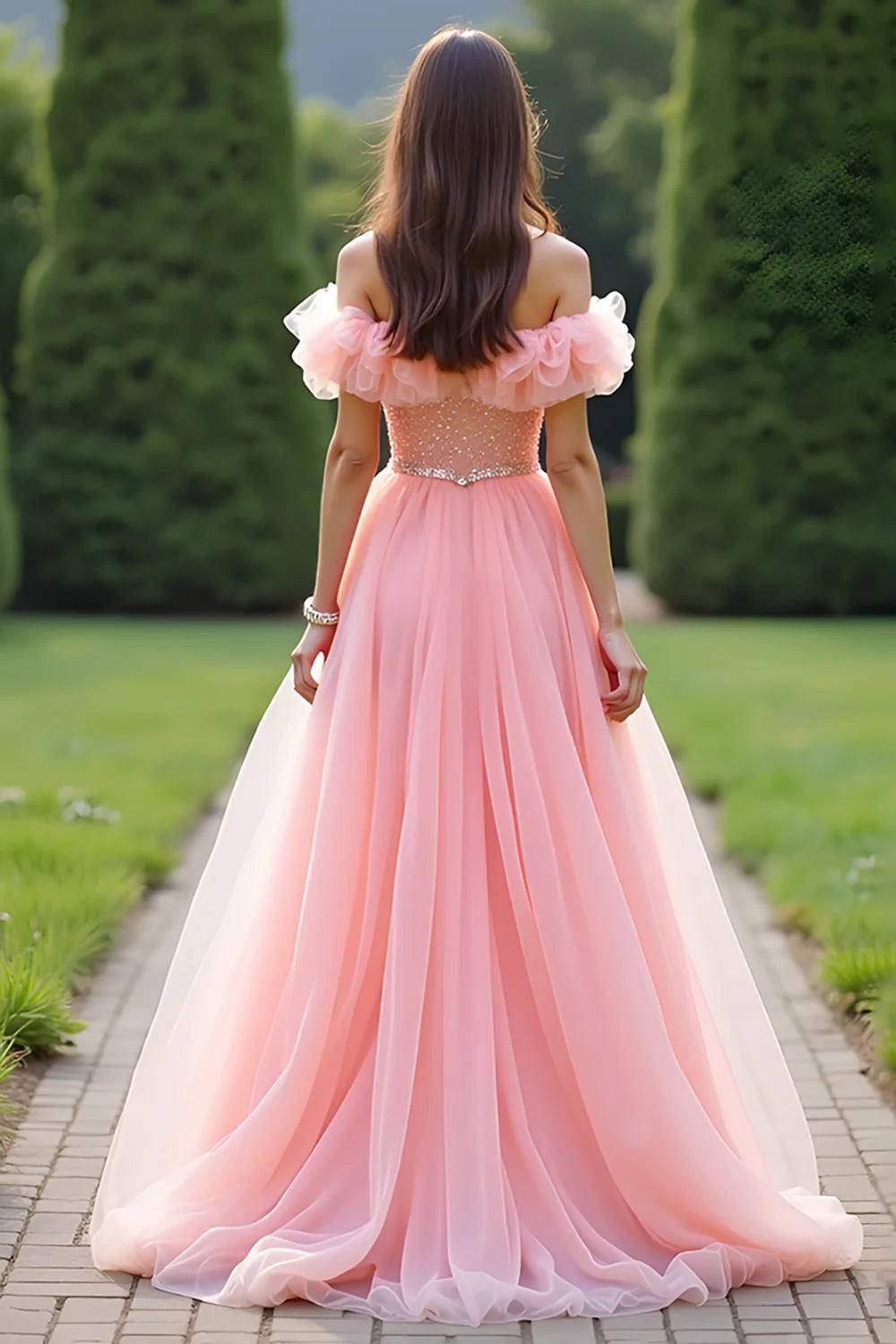 Elegant Princess Pink Ball Gown Ruffled Off the Shoulder Tulle Long Prom Dress with Beading