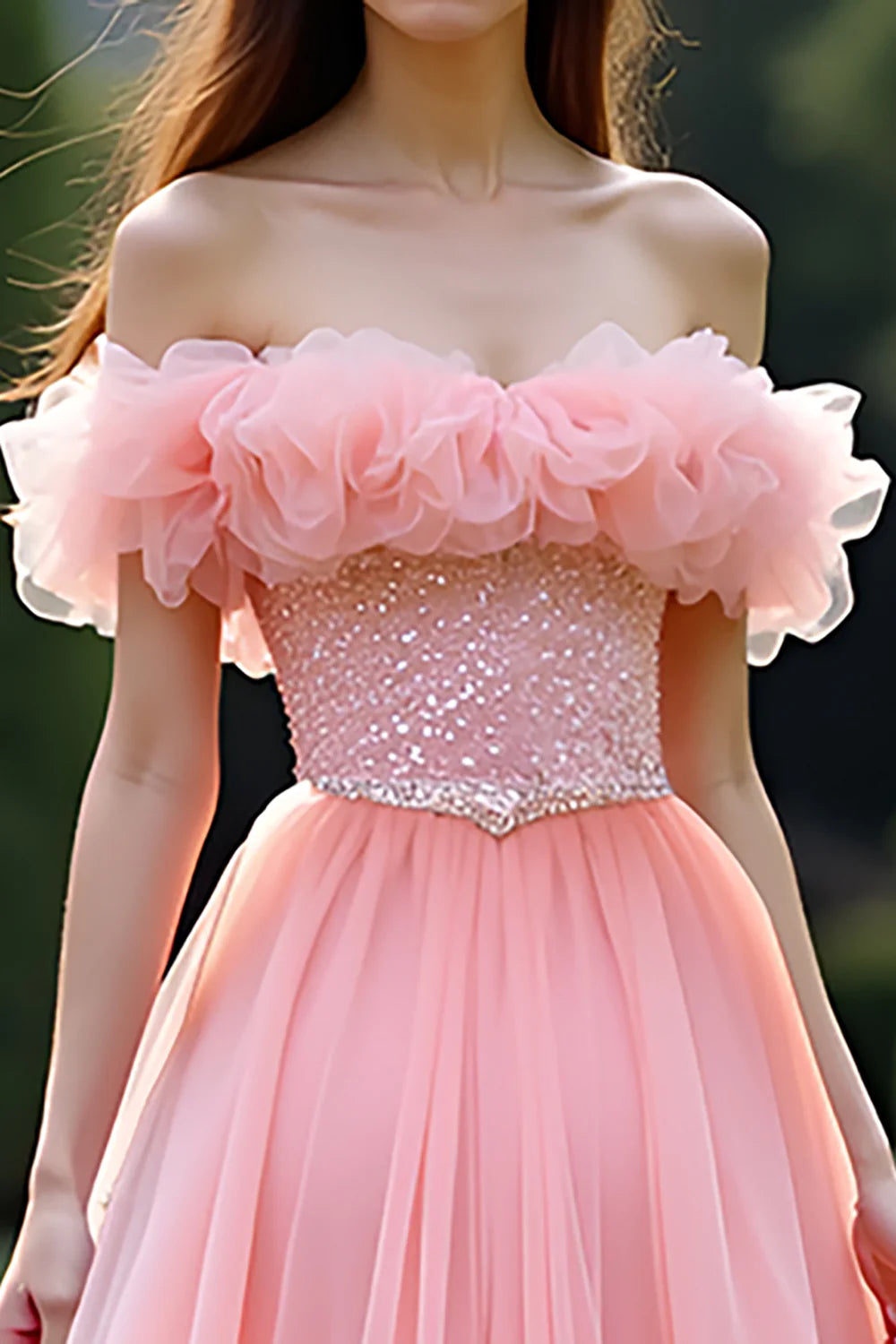 Elegant Princess Pink Ball Gown Ruffled Off the Shoulder Tulle Long Prom Dress with Beading