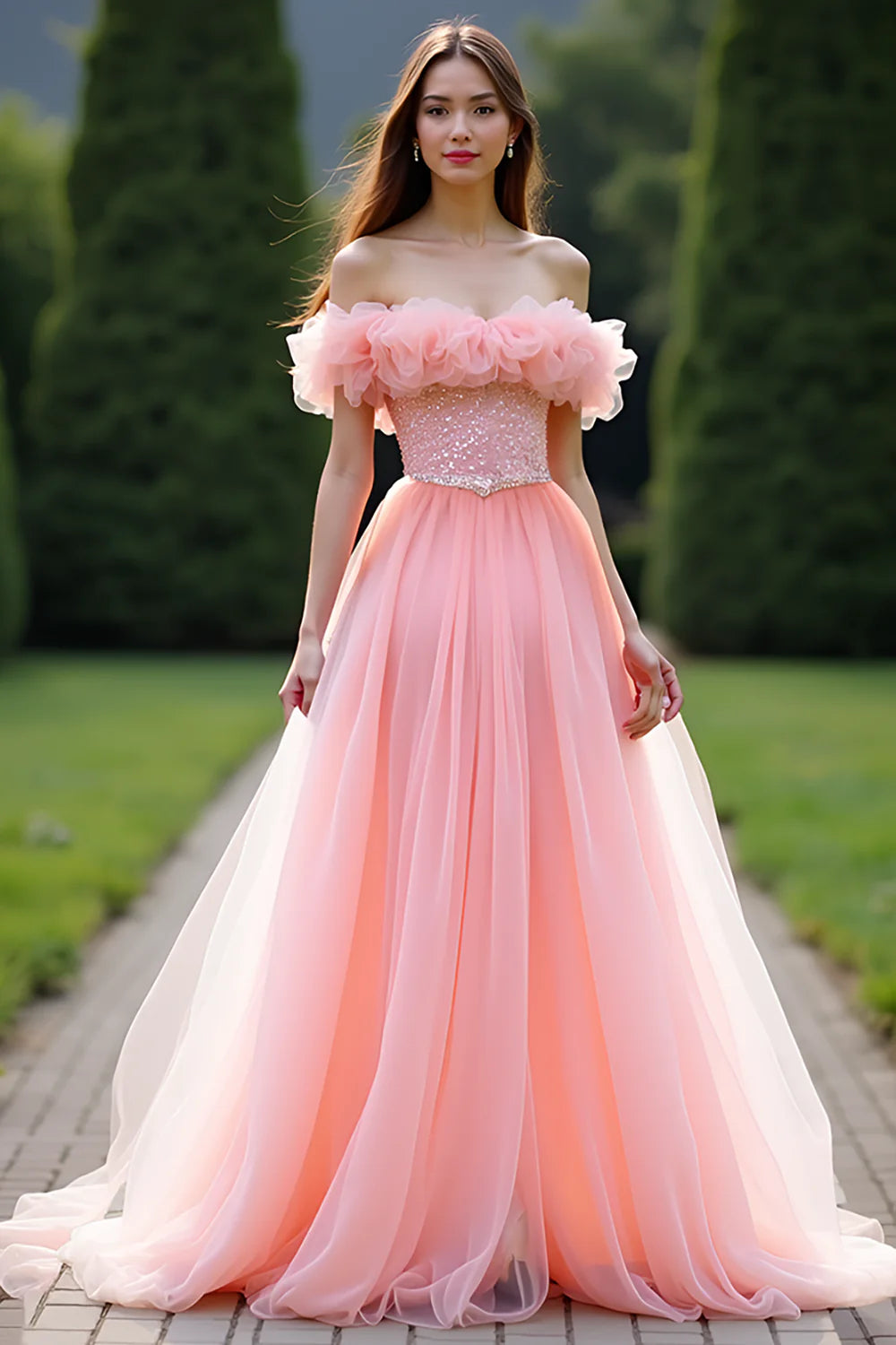 Elegant Princess Pink Ball Gown Ruffled Off the Shoulder Tulle Long Prom Dress with Beading