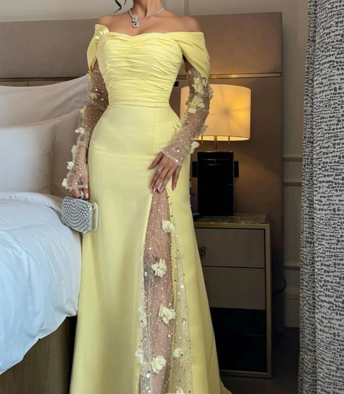 Chic Sheath Off Shoulder Ruched Long Sleeves Formal Evening Dress with Slit