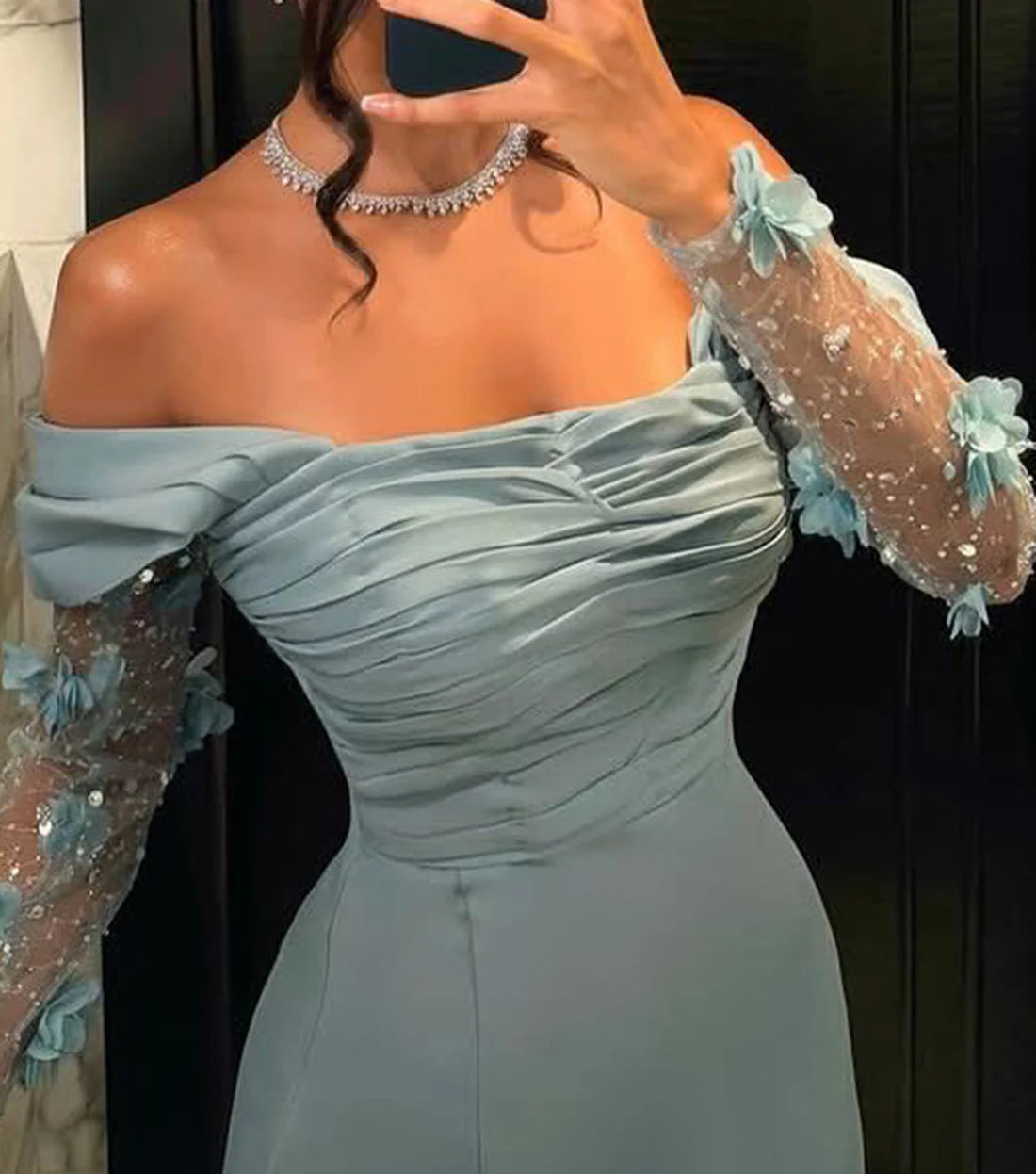 Chic Sheath Off Shoulder Ruched Long Sleeves Formal Evening Dress with Slit