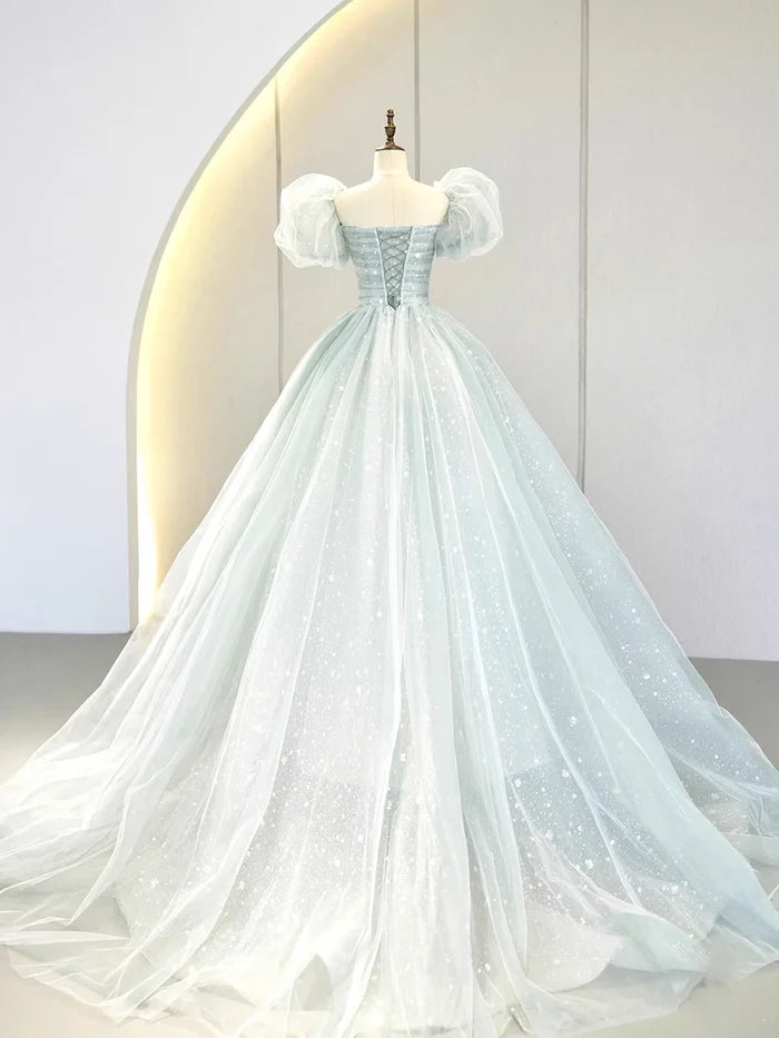 Elegant Ball Gown Short Sleeves Tulle Light Sky Blue Long Prom Dresses