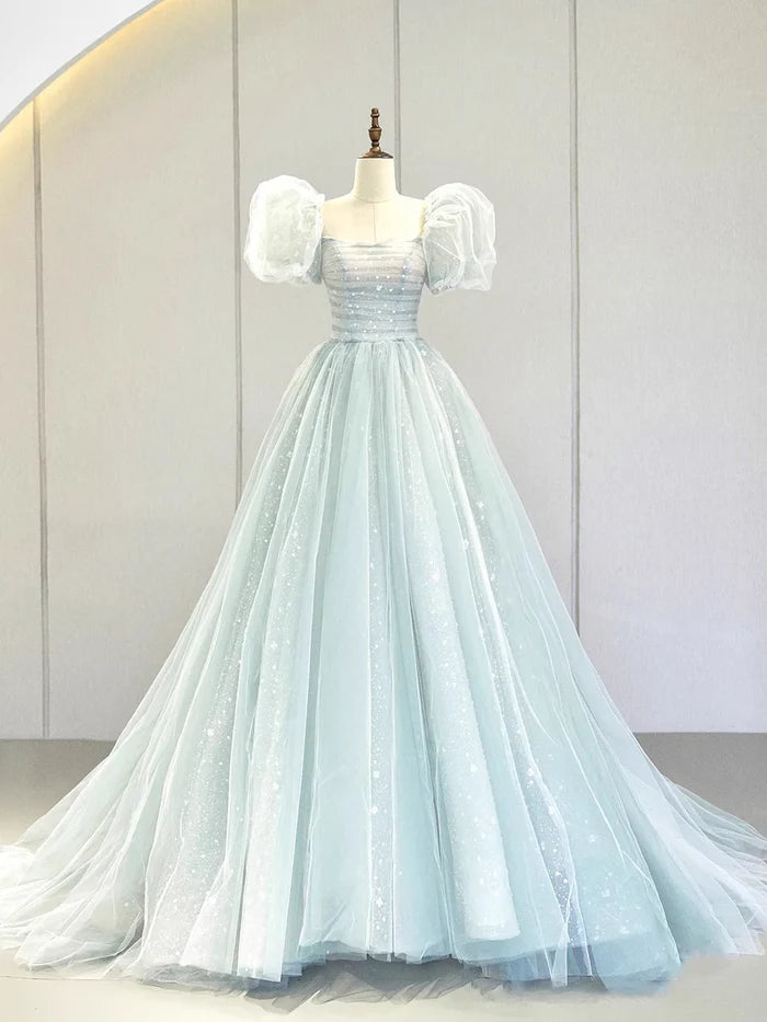 Elegant Ball Gown Short Sleeves Tulle Light Sky Blue Long Prom Dresses